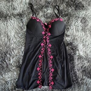 Elegant Sheer Black and Pink Lace Chemise with floral embroidery